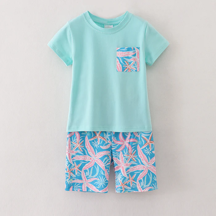 (Custom Design Preorder MOQ 5) Aqua Pocket Top Starfish Shorts Boys Summer Clothes Set
