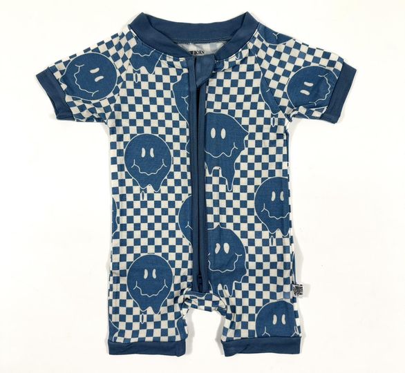 (Custom Design Preorder MOQ 20) Smiling Face Blue Plaid Print Baby Boys Summer Bamboo Sleeper Zipper Romper