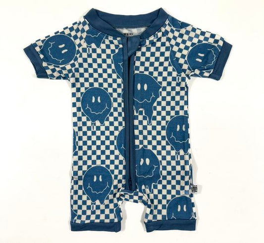 (Custom Design Preorder MOQ 20)  Smiling Face Blue Plaid Print Baby Boys Summer Bamboo Sleeper Zipper Romper