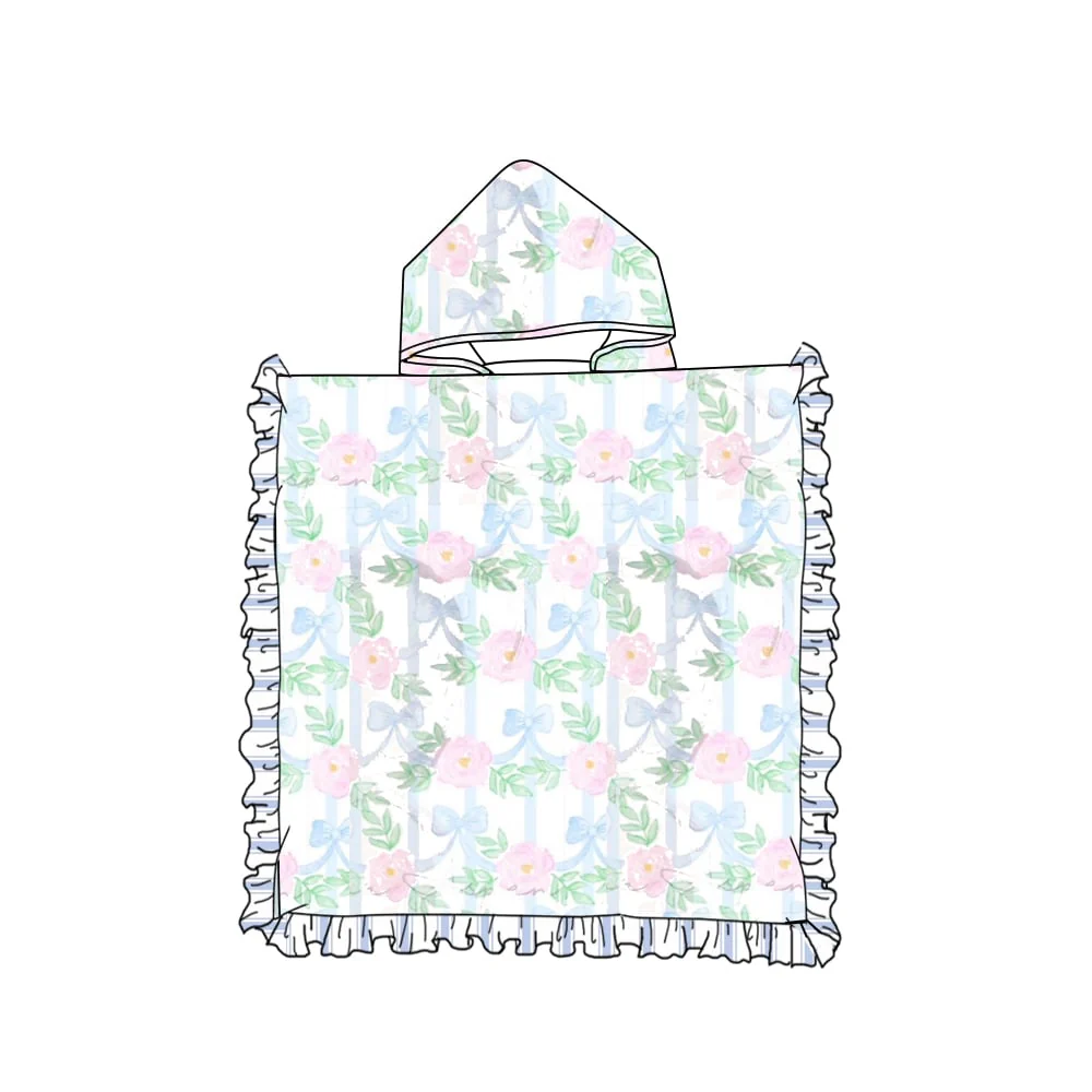 (Custom Design Preorder MOQ 5) Pink Flowers Bows Print Girls Terry Swim Towel Cover Ups