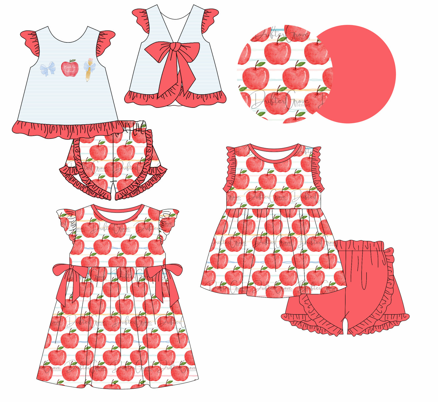 1.18(Custom Design Preorder MOQ 5 Each Design) Apple Print Girls Back to School Matching Clothes Sisters Wear