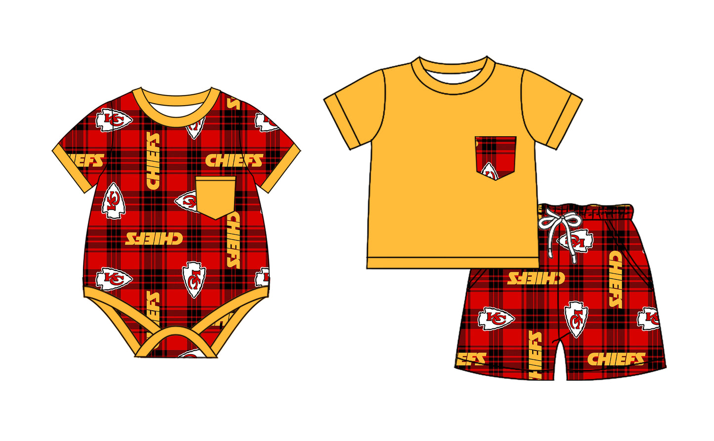 2.24(Custom Design Preorder MOQ 5 Each Design) Team's Chiefs KC Plaid Print Boys Summer Matching Clothes Brothers Wear