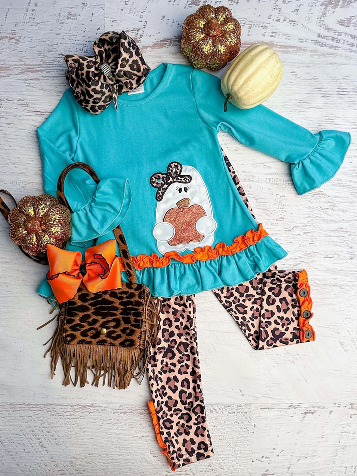 (Custom Design Preorder MOQ 5) Pumpkin Blue Top Leopard Pants Girls Fall Clothes Set