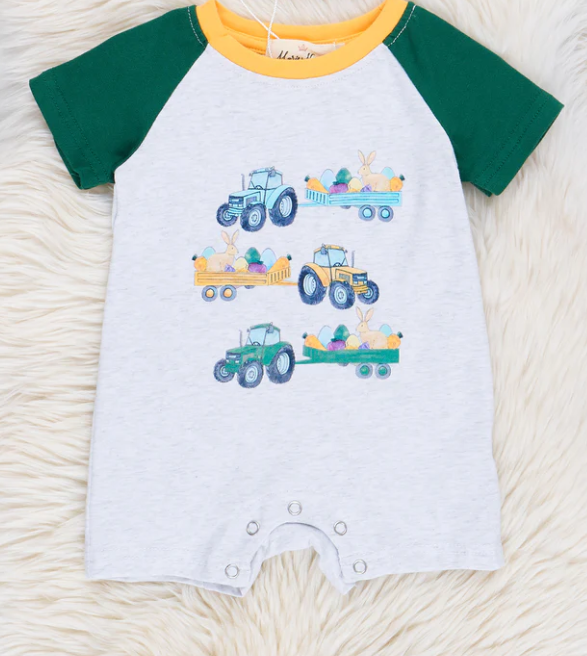 (Custom Design Preorder MOQ 5) Bunny Eggs Tractors Print Baby Boys Easter Romper