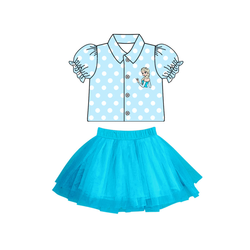 (Custom Design Preorder MOQ 5) Cartoon Princess Dots Top Blue Tulle Skirts Girls Clothes Set