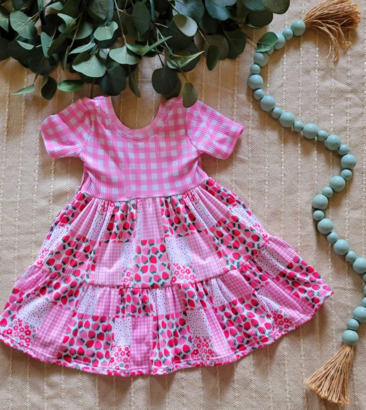 (Custom Design Preorder MOQ 5) Strawberry Flowers Pink Print Girls Summer Knee Length Dress