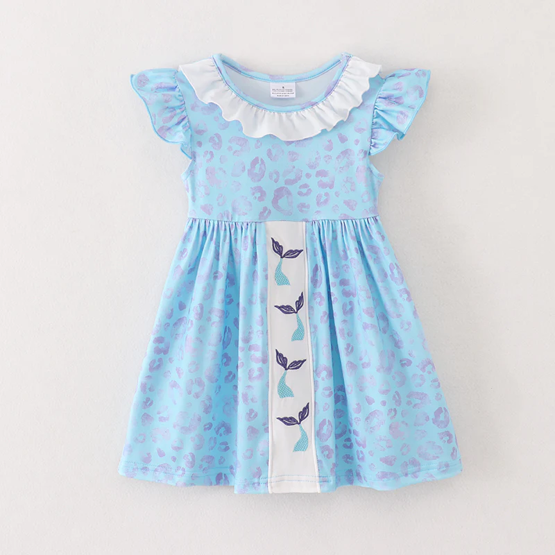 (Custom Design Preorder MOQ 5) Blue Leopard Mermaid Print Girls Knee Length Summer Dress