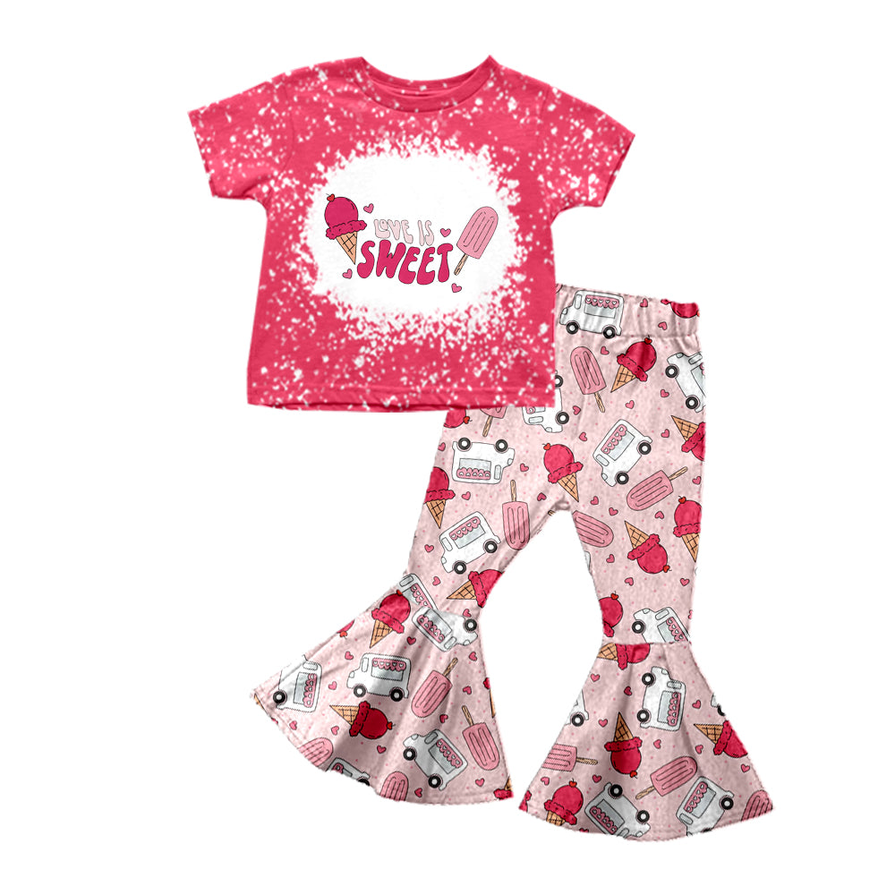 (Custom Design Preorder MOQ 5) Love Sweet Ice Cream Truck Print Bell Pants Girls Valentine's Clothes Set