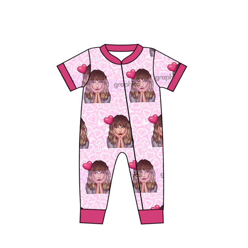 (Custom Design MOQ 5)NO.4 Pink Heart Singer Design Baby Sleeper Zipper Romper