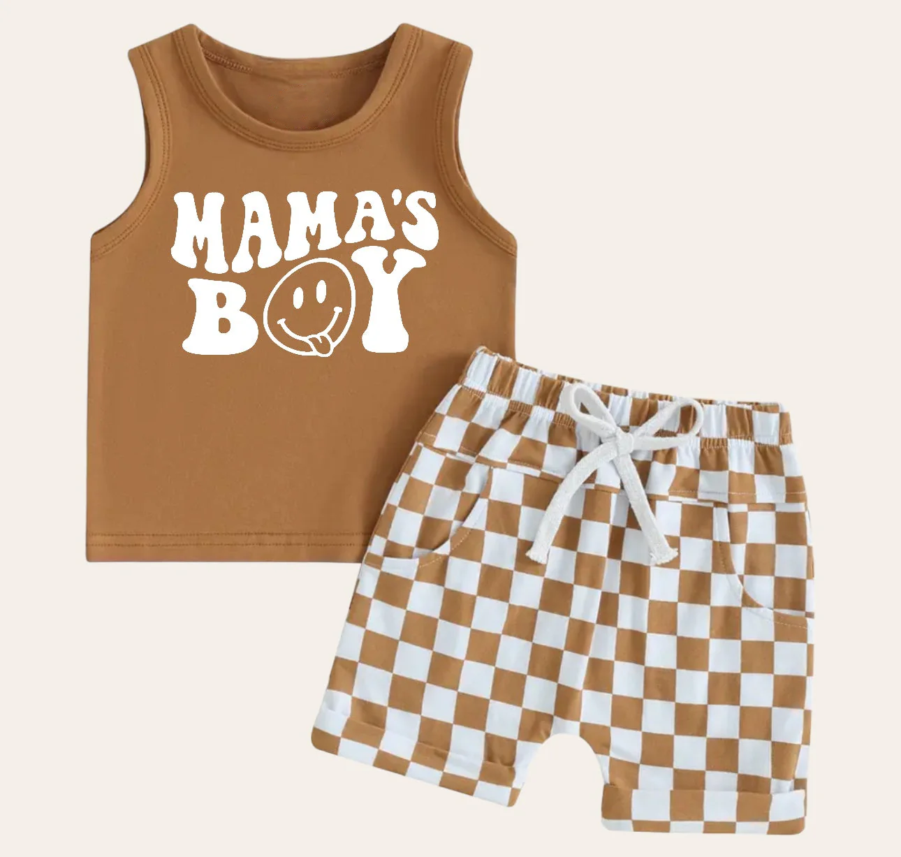 (Custom Design Preorder MOQ 5) MAMA'S BOY Tank Top Brown Plaid Shorts Boys Summer Clothes Set