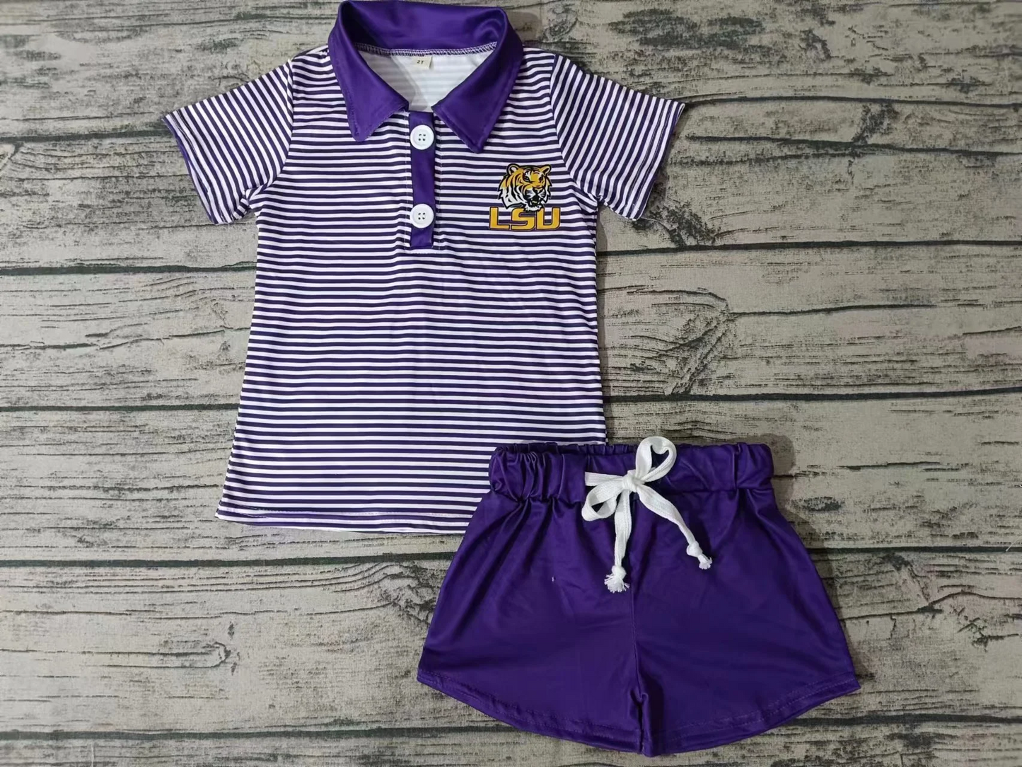 (Custom Design Preorder MOQ 5) Team's LSU Tiger Print Polo Top Purple Shorts Boys Summer Clothes Set