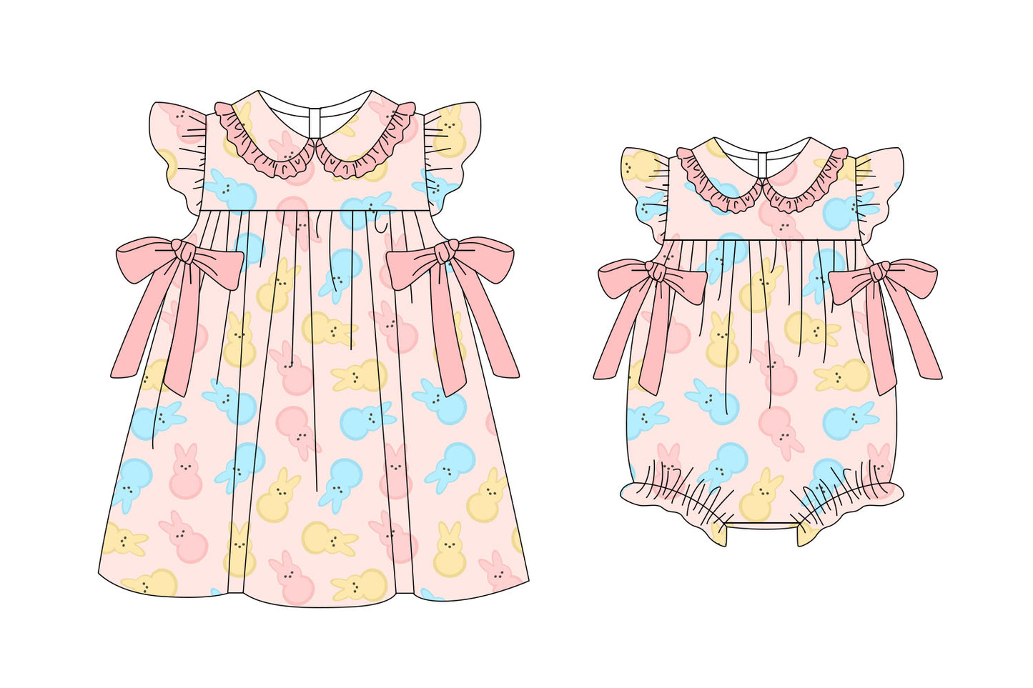 11.6(Custom Design Preorder MOQ 5 Each Design) Colorful Bunny Pink Print Girls Easter Matching Clothes Sisters Wear