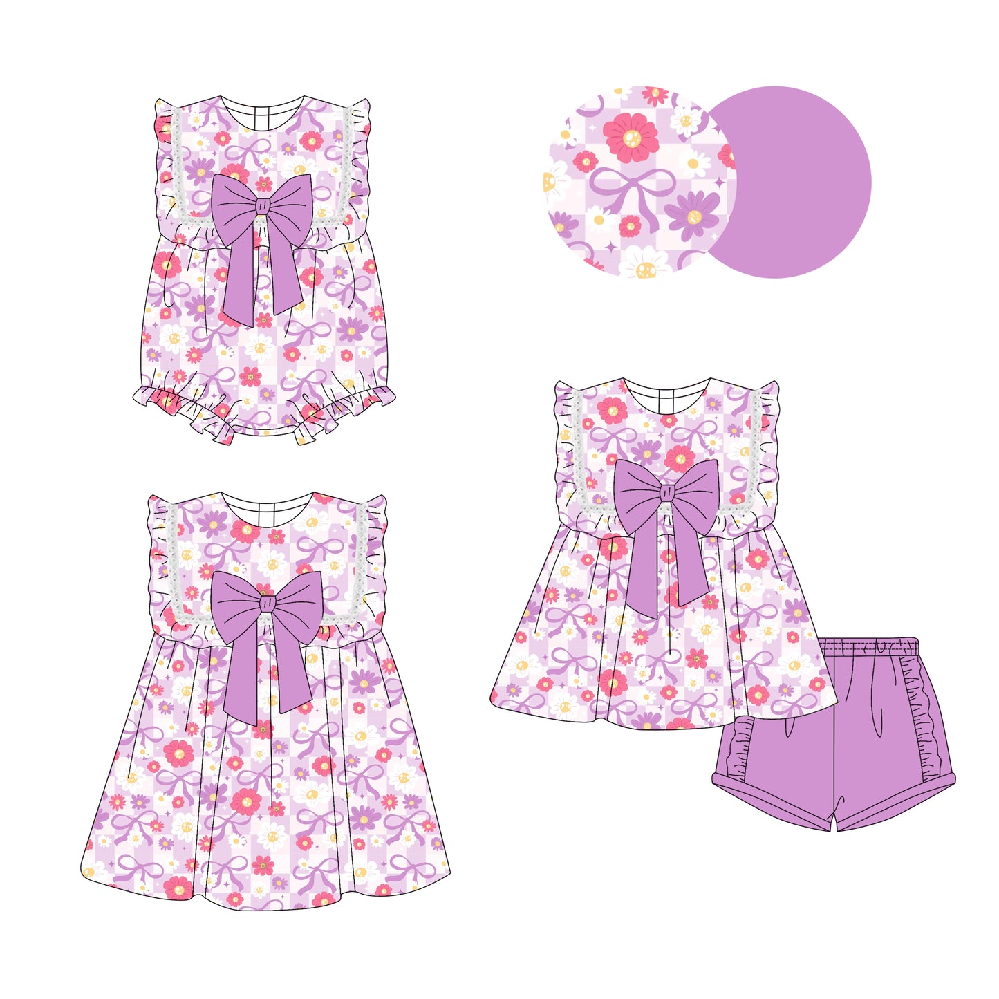 3.29(Custom Design Preorder MOQ 5 Each Design) Purple Flowers Bows Print Girls Summer Matching Clothes Sisters Wear