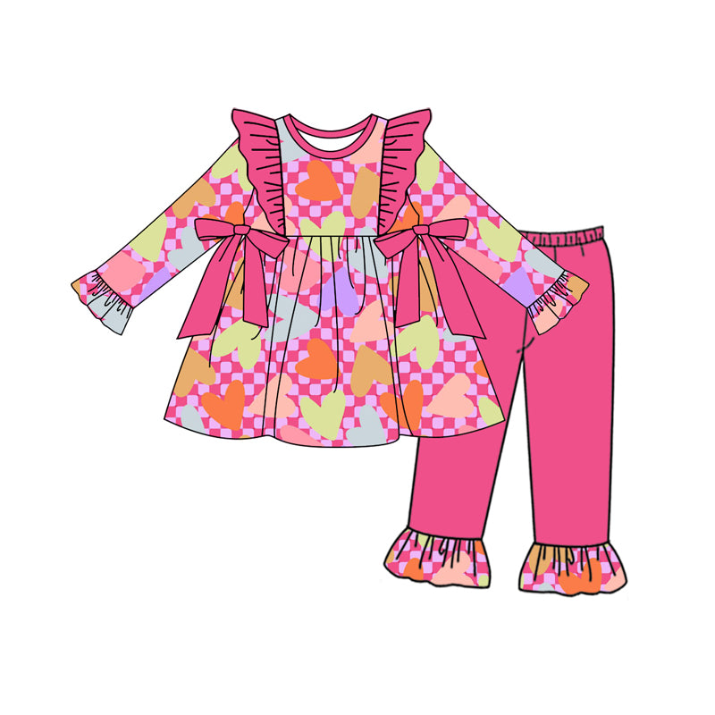 (Custom Design Preorder MOQ 5) Heart Tunic Top Hotpink Pants Girls Valentine's Day Clothes Set