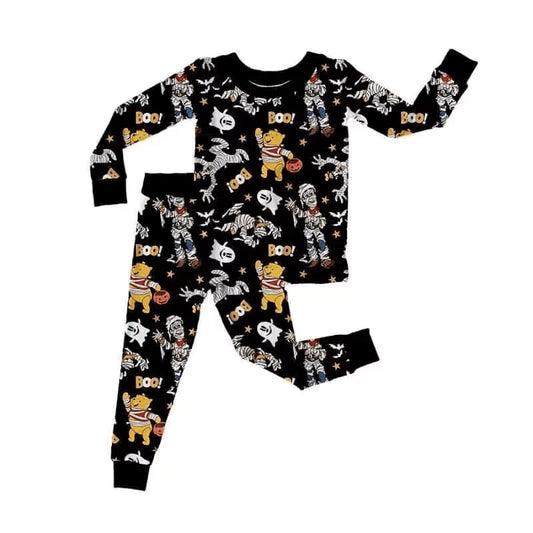 (Custom Design Preorder MOQ 20) Cartoon Beer Black Print Kids Halloween Bamboo Pajamas Clothes Set
