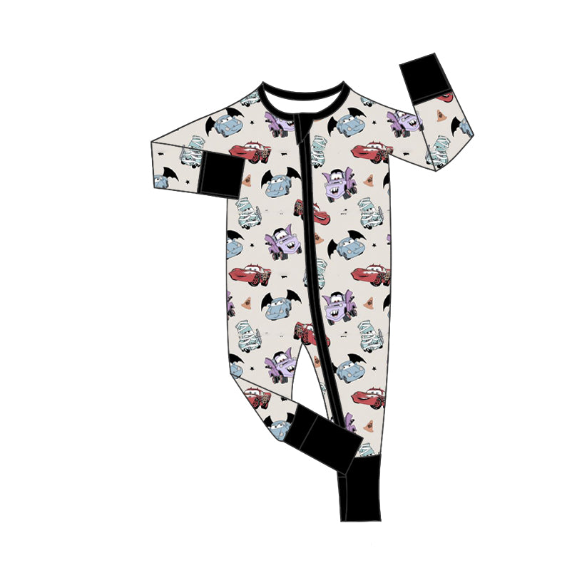 (Custom Design Preorder MOQ 20) Cartoon Cars Print Baby Boys Halloween Bamboo Sleeper Zipper Romper