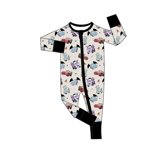 (Custom Design Preorder MOQ 20)  Cartoon Cars Print Baby Boys Halloween Bamboo Sleeper Zipper Romper