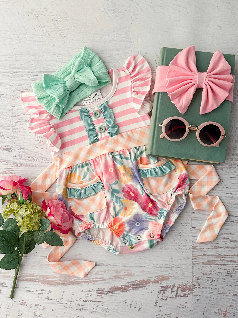 (Custom Design Preorder MOQ 5) Flowers Print Pockets Baby Girls Summer Romper