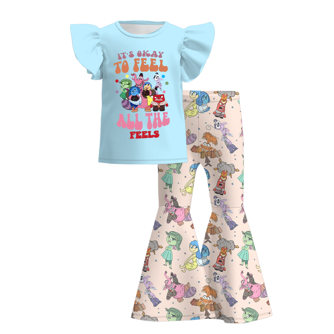 (Custom Design Preorder MOQ 5) Cartoon Figure Inside Out It's Okay Print Bell Pants Girls Clothes Set