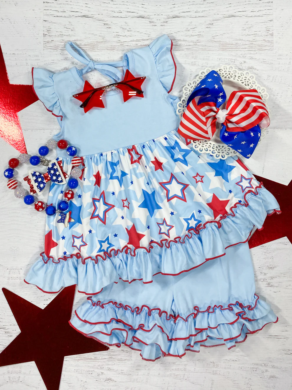 (Custom Design Preorder MOQ 5) Stars Tunic Top Blue Ruffle Shorts Girls 4th of July Clothes Set