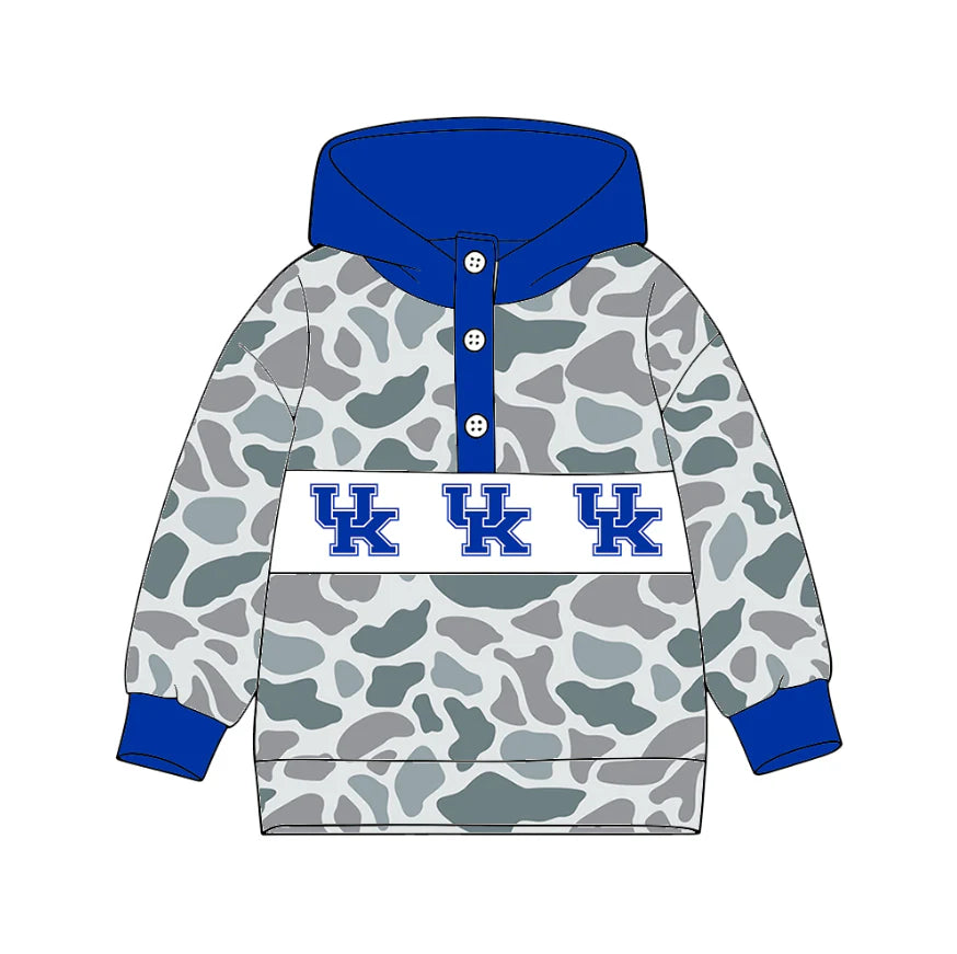 (Custom Design Preorder MOQ 5) Team's Kentucky Camo Print Kids Long Sleeve Buttons Hoodie Top