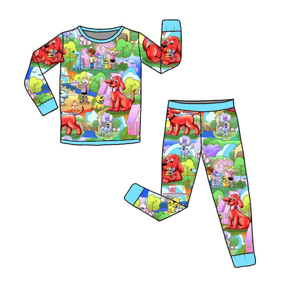 (Custom Design Preorder MOQ 5) Cartoon Dog Print Kids Fall Pajamas Clothes Set