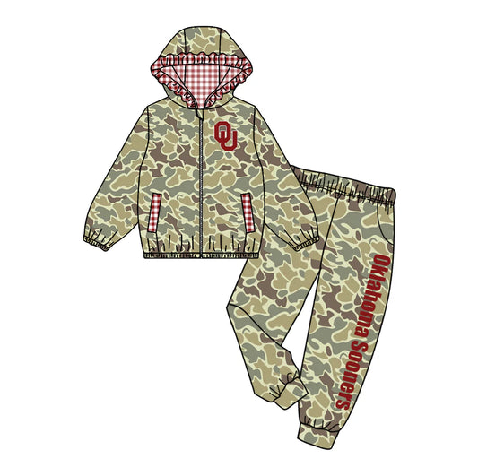 (Custom Design Preorder MOQ 5) Team's OKLAHOMA SOONERS Camo Print Hoodie Zipper Top Pockets Pants Girls Fall Clothes Set