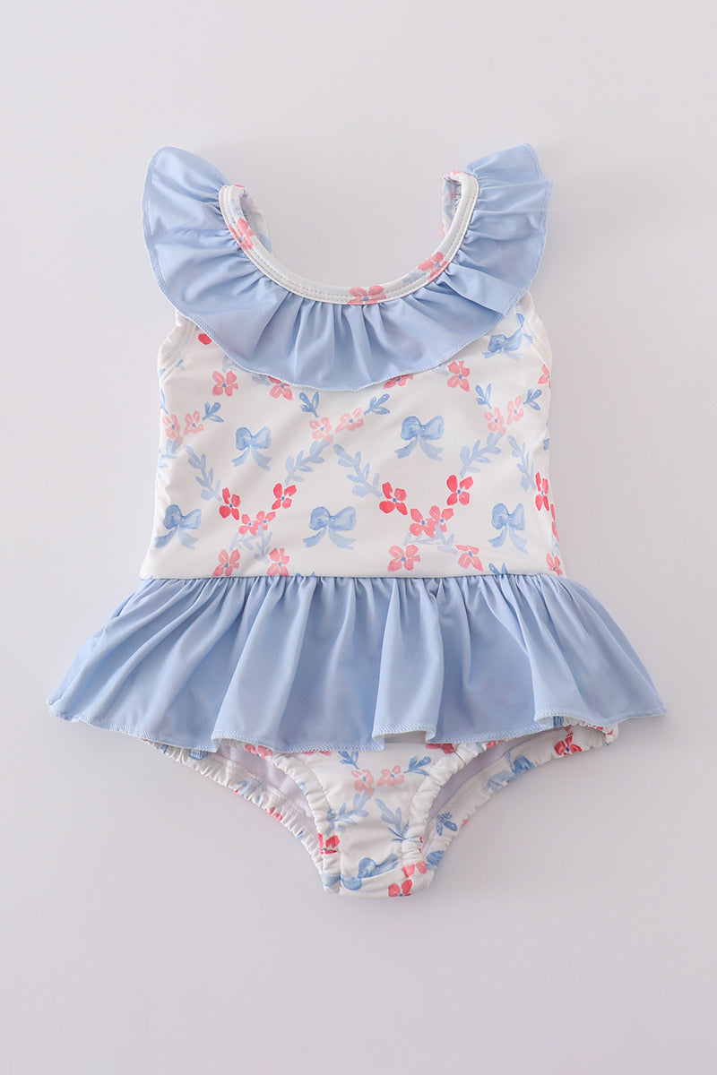 (Custom Design Preorder MOQ 5) Bows Flowers Blue Print Ruffle Girls 1 Piece Swimsuits