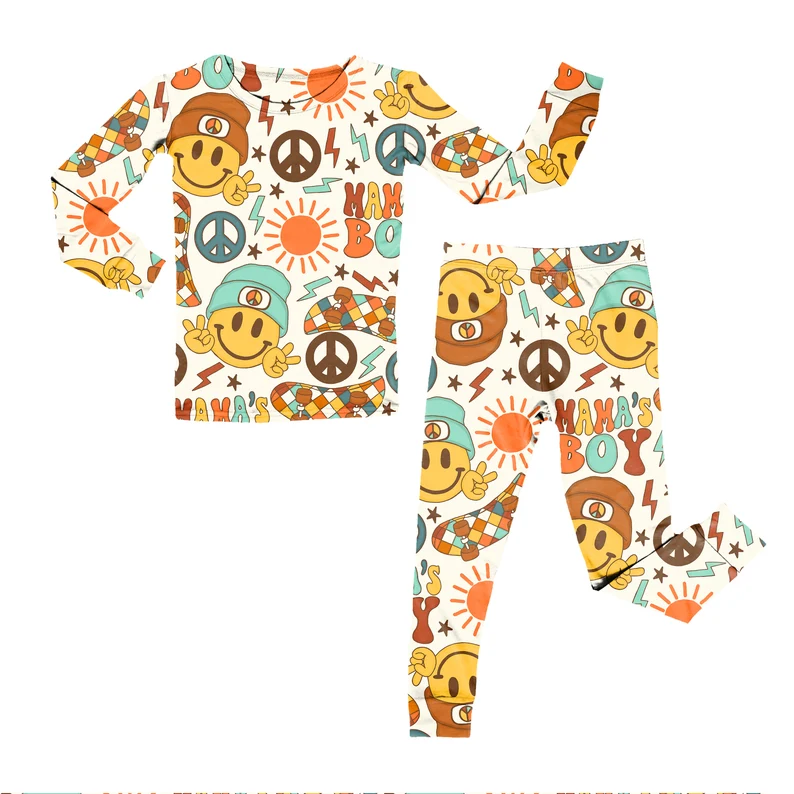 (Custom Design Preorder MOQ 5) Smiling Face Flash Print Boys Pajamas Clothes Set