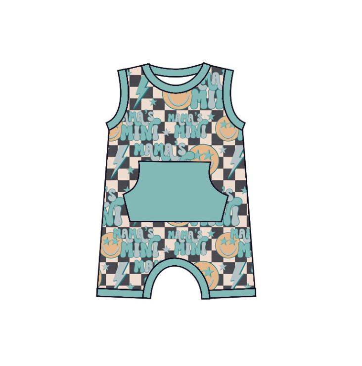(Custom Design Preorder MOQ 5) MAMA'S MINI Green Print Pockets Baby Boys Summer Romper