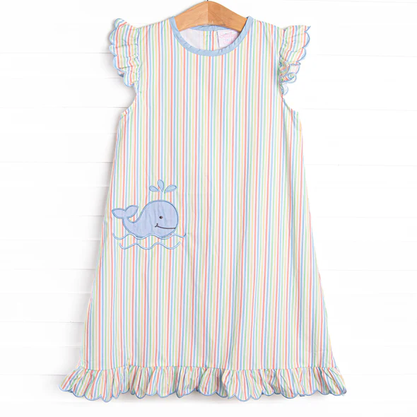(Custom Design Preorder MOQ 5) Whale Colorful Stripes Print Girls Summer Knee Length Dress