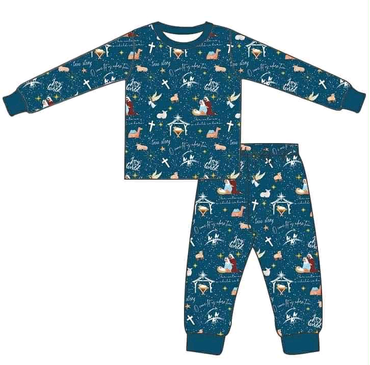 (Custom Design Preorder MOQ 5 ) Nativity Print Pants Kids Christmas Pajamas Clothes Set