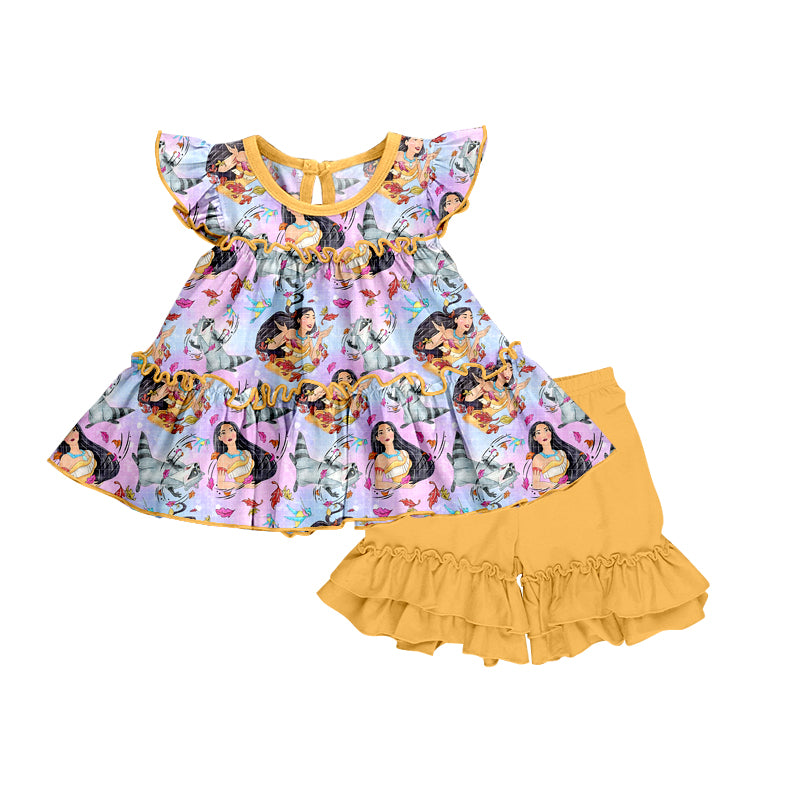 (Custom Design Preorder MOQ 5) Cartoon Princess Leaf Print Girls Summer Clothes Set