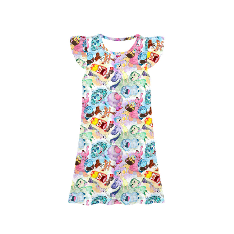11.23(Custom Design Preorder MOQ 5) Cartoon Figure Inside Out Print Girls Flutter Sleeve Knee Length Dress