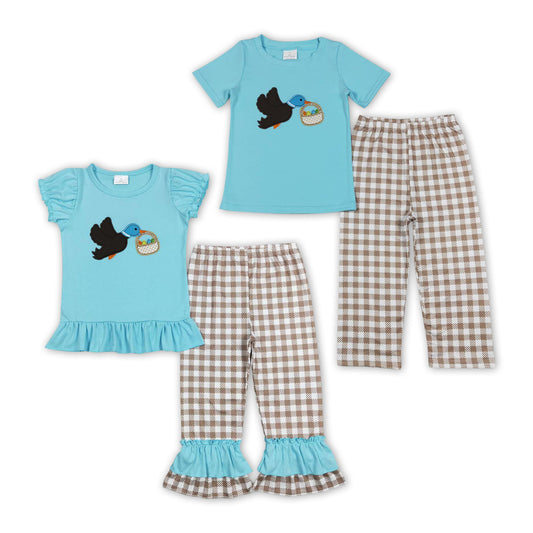 Duck Egg Embroidery Blue Top Plaid Pants Kids Ester Clothes Set Sibling Wear