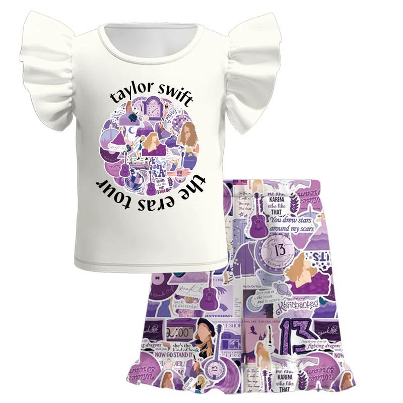 (Custom Design Preorder MOQ 5) Singer Swfite White Top Purple Shorts Girls Summer Clothes Set