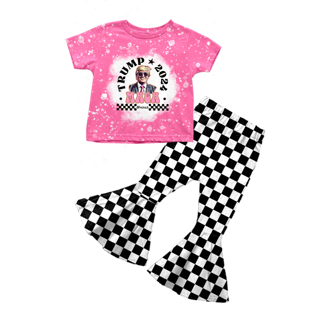 (Custom Design Preorder MOQ 5) Trump Pink Top Plaid Bell Pants Girls Clothes Set
