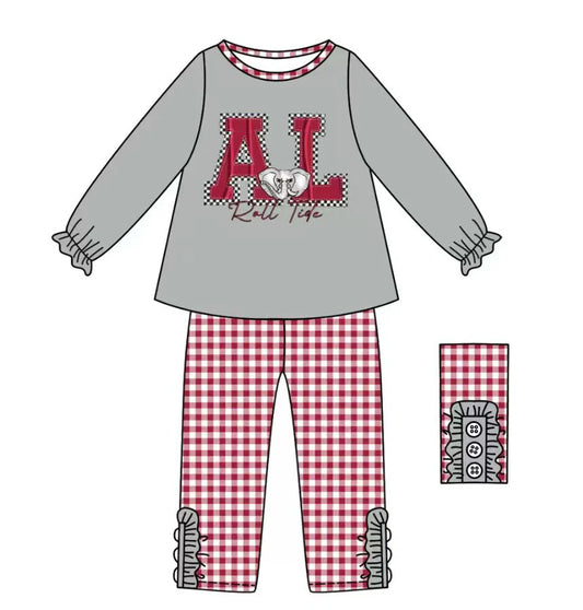 (Custom Design Preorder MOQ 5) Team's Alabama Grey Top Plaid Pants Girls Fall Clothes Set