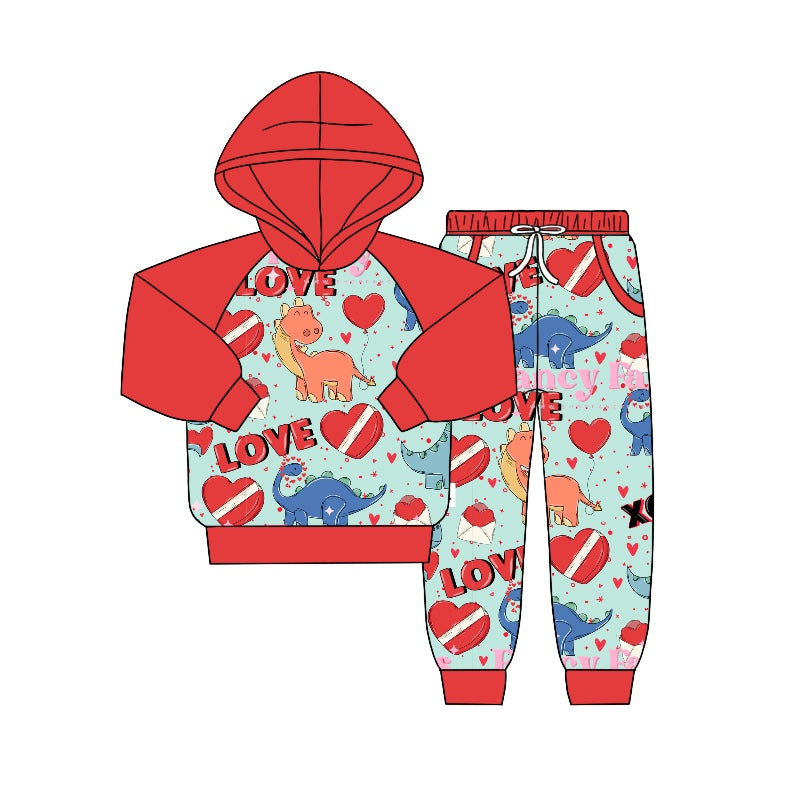 (Custom Design Preorder MOQ 5) LOVE Dino Heart Boys Valentine's Hoodie Clothes Set