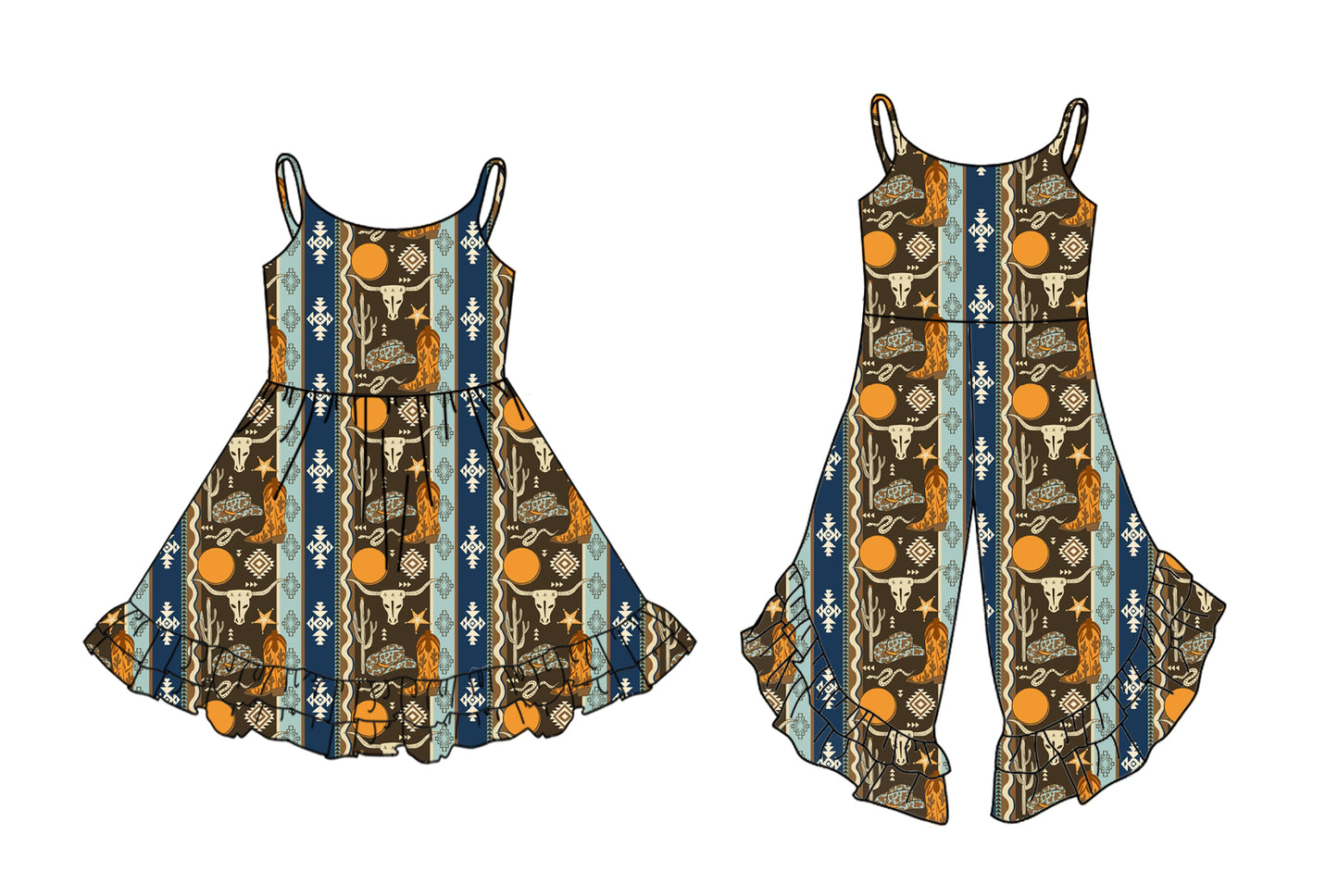 2.24(Custom Design Preorder MOQ 5 Each Design) Cow Skull Aztec Navy Print Girls Summer Matching Clothes Sisters Wear