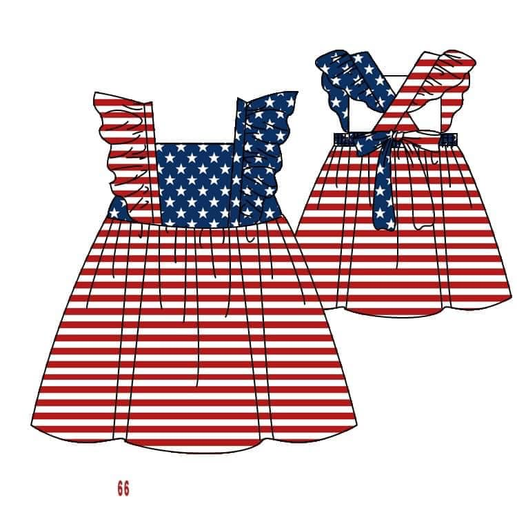 (Custom Design Preorder MOQ 5) Stripes Stars Print Girls Knee Length 4th of July Dress