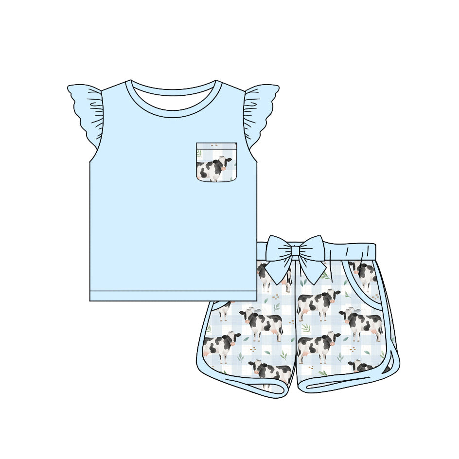 (Custom Design Preorder MOQ 5) Blue Pocket Top Cows Shorts Girls Easter Clothes Set