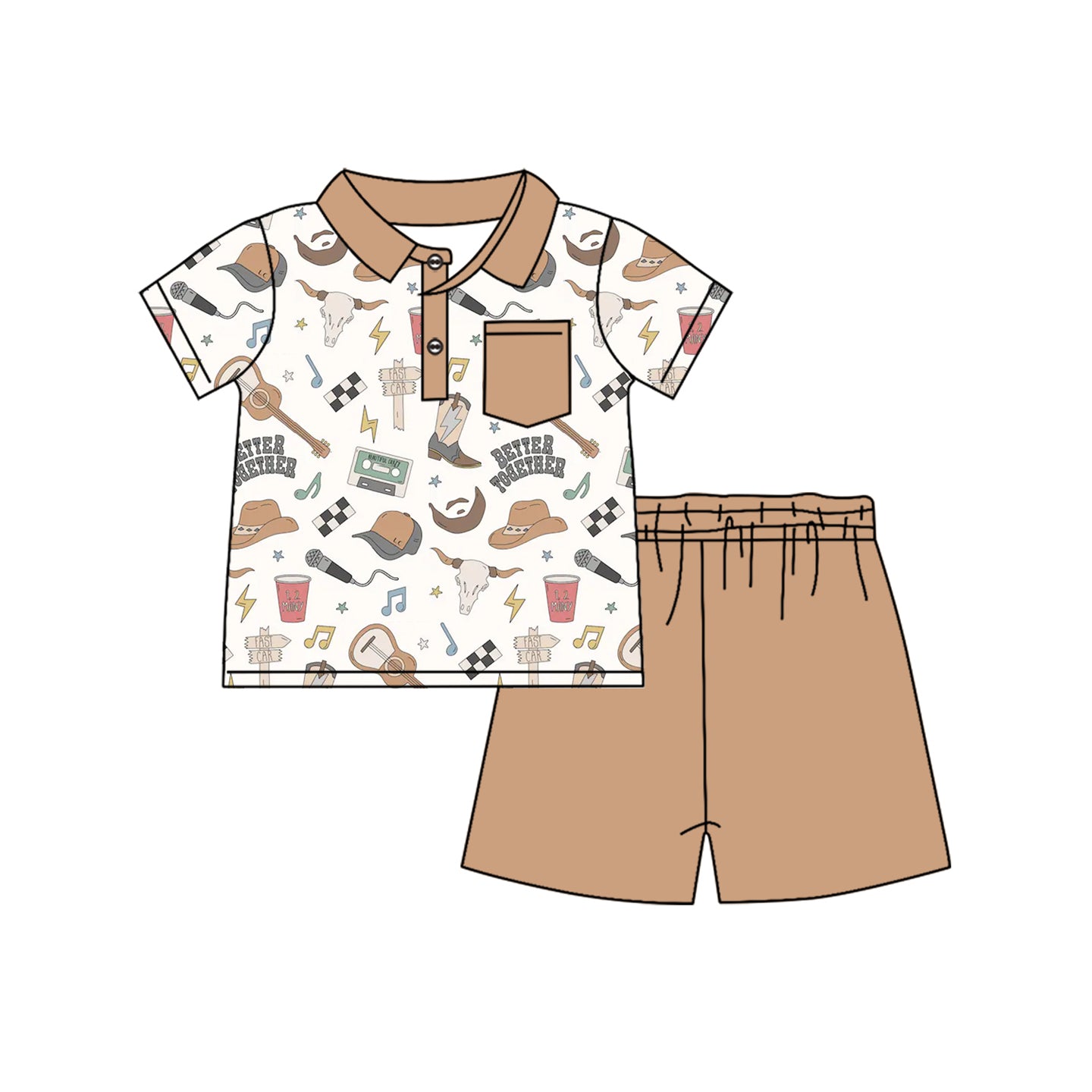 (Pre-order)BSSO1112 Better Together Western Top Brown Shorts Boys Summer Clothes Set