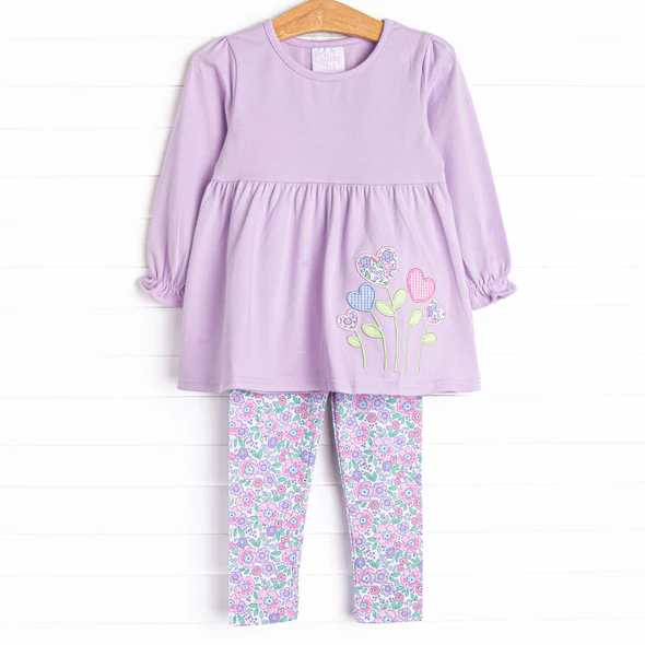 (Custom Design Preorder MOQ 5) Purple Tunic Top Flowers Pants Girls Clothes Set