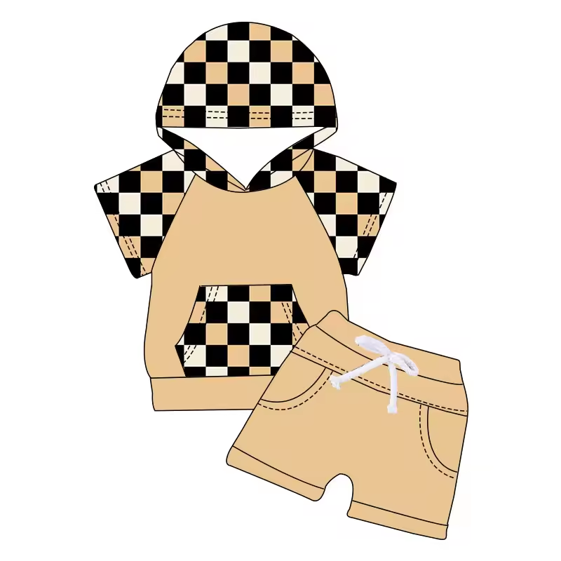 (Custom Design Preorder MOQ 5) Plaid Hoodie Top Khaki Shorts Boys Summer Clothes Set
