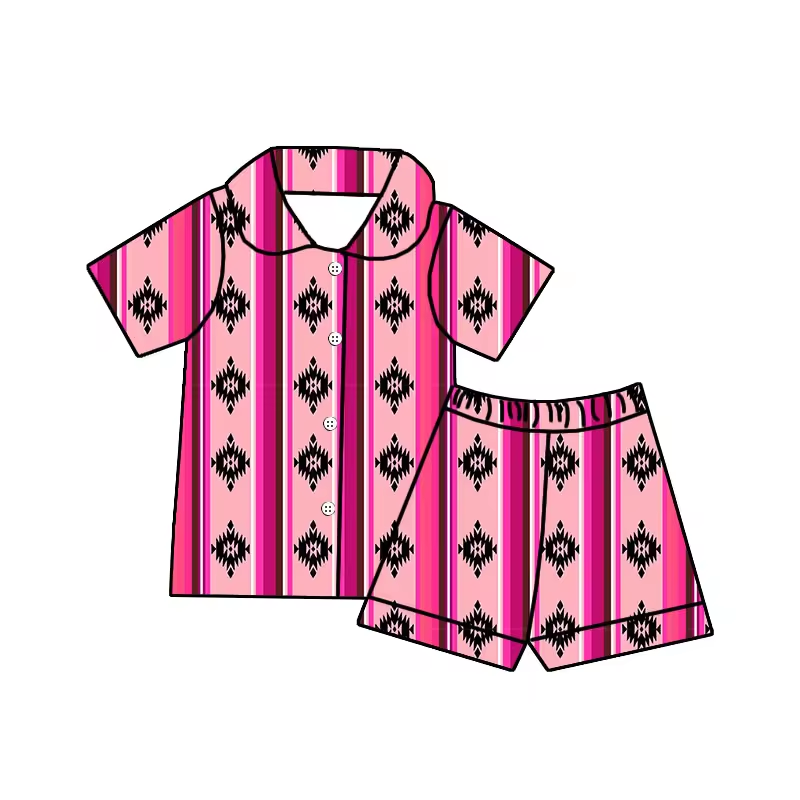 (Custom Design Preorder MOQ 5) Pink Ztec Print Girls Summer Pajamas Western Clothes Set