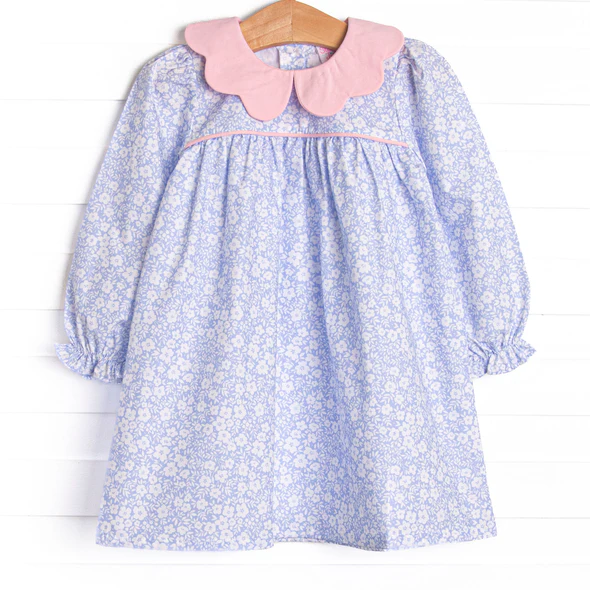 (Custom Design Preorder MOQ 5) Blue Flowers Print Girls Knee Length Dress