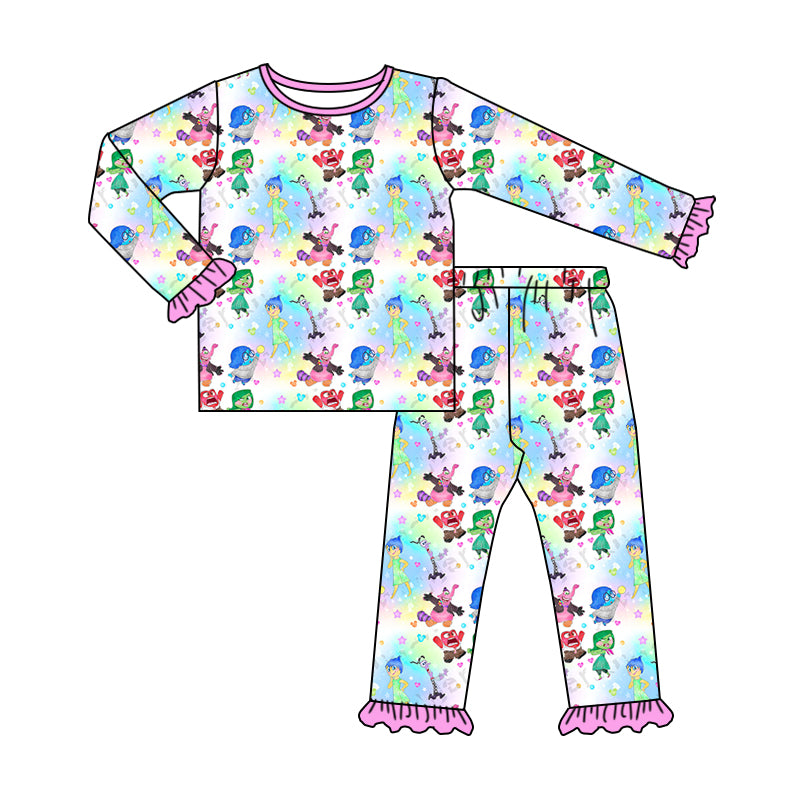 (Custom Design Preorder MOQ 5) Cartoon Figure Inside Out Tie-dye Print Girls Pajamas Clothes Set