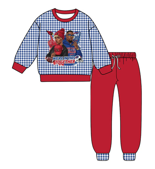 (Custom Design Preorder MOQ 5) Team's Cardinals & Bills Plaid Print Red Pants Kids Fall Clothes Set