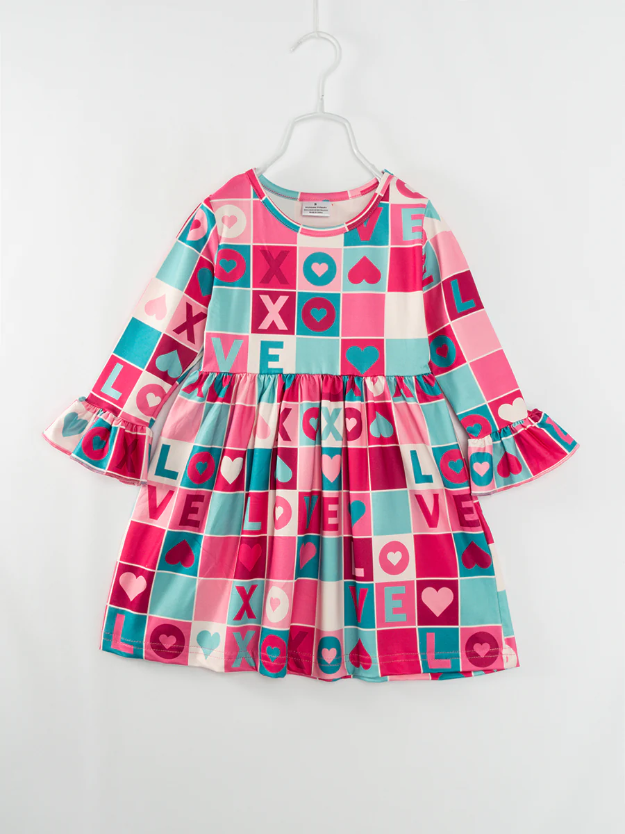 (Custom Design Preorder MOQ 5) Pink Heart Plaid Print Girls Valentine's Knee Length Dress